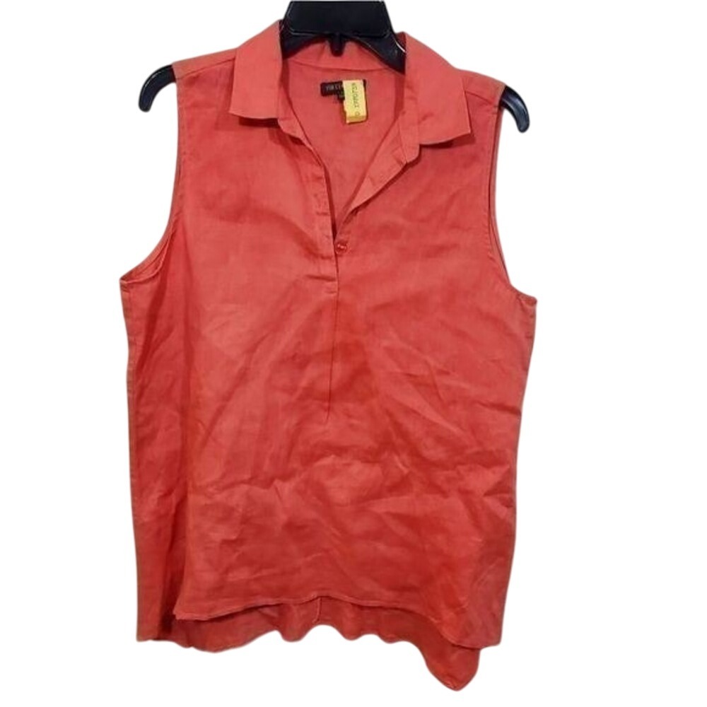 For Cynthia Sleeveless Button Down Blouse Top Coral Orange‎ linen Size Large